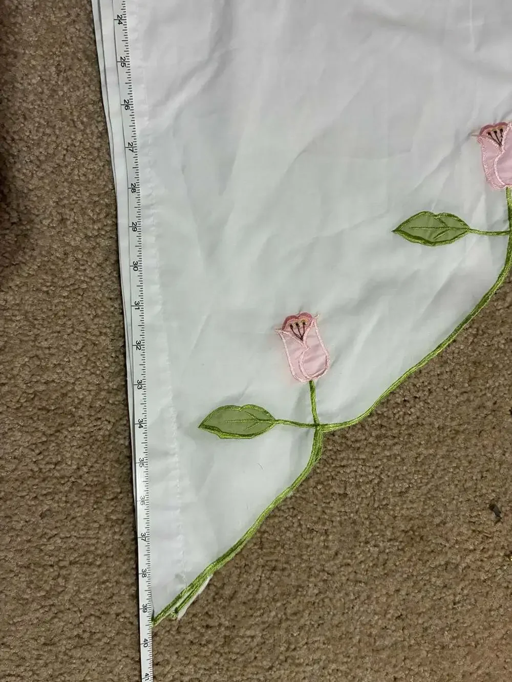 Virginia White Curtain Valance Embroidered Pink Tulips & Green Stem Scalloped Ed